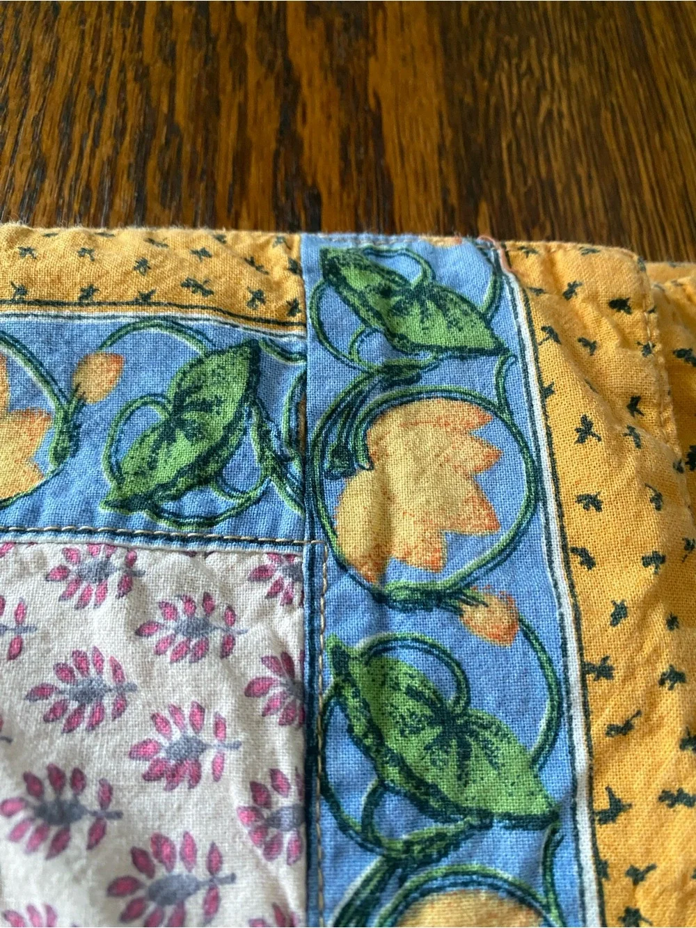 Vintage Set of 4 Cotton Placemats - Yellow Green Blue Pink Floral -Boho Folk Art